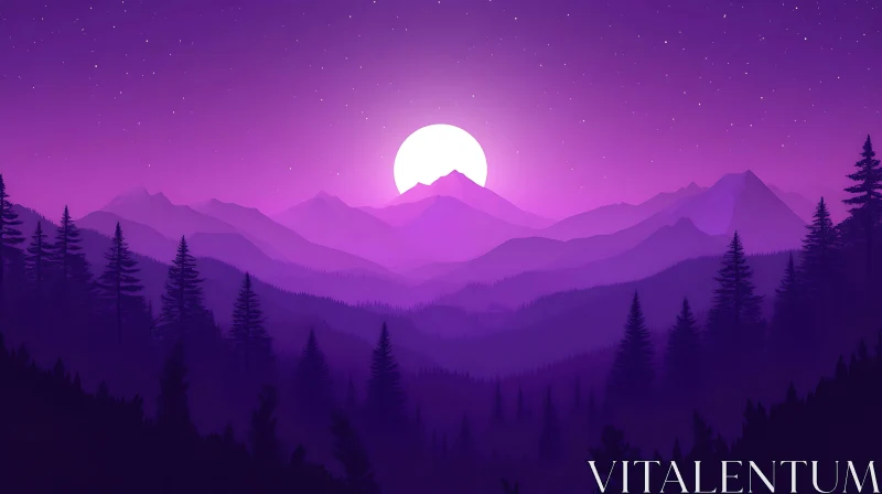 Moonlit Mountain Landscape in Purple Hues AI Image