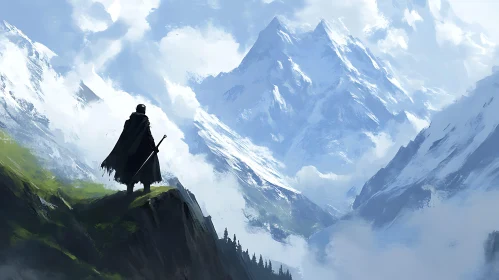 Lone Warrior in Mountain Landscape