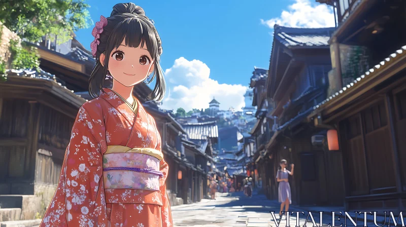 Japanese Street Scene with Kimono-Clad Anime Character AI Image