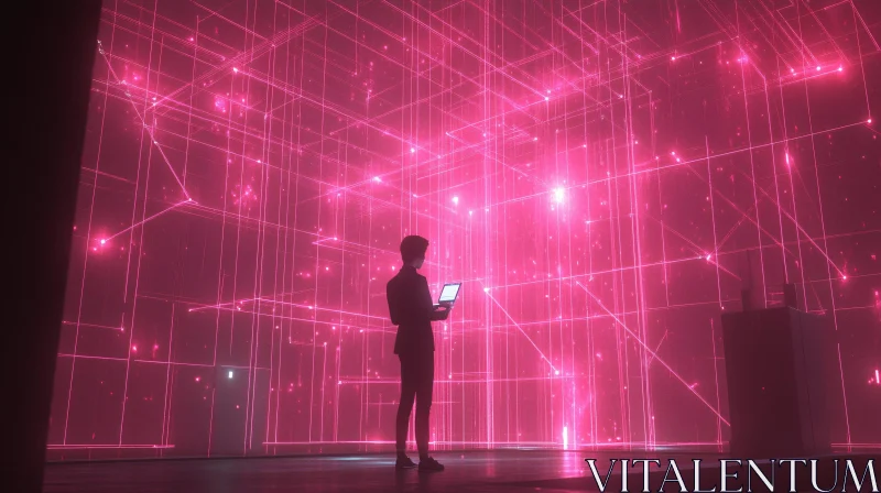 Man with Laptop in Pink Grid AI Image