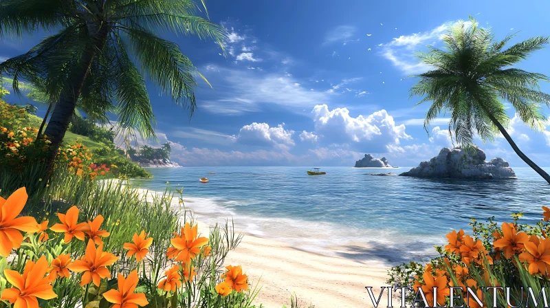 AI ART Tropical Beach Paradise with Orange Flowers