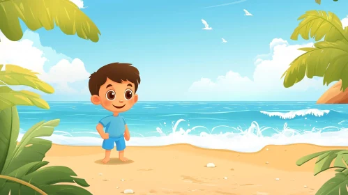 Cartoon Boy Enjoying Summer Beach