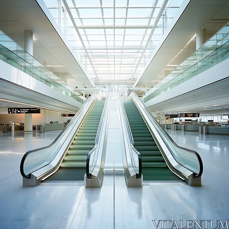 Contemporary Airport Interior with Symmetrical Escalators AI Image