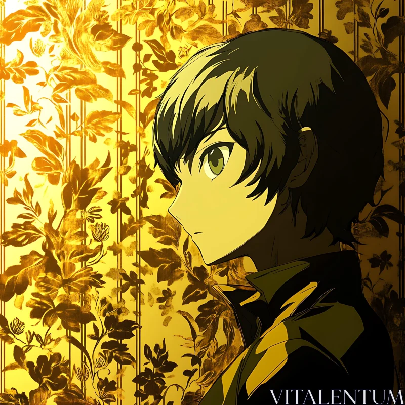 Golden Anime Portrait with Floral Pattern AI Image