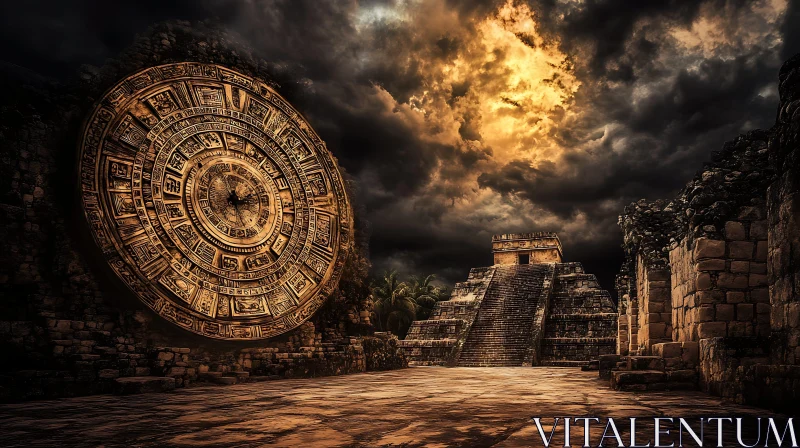 Stone Pyramid and Mayan Calendar AI Image