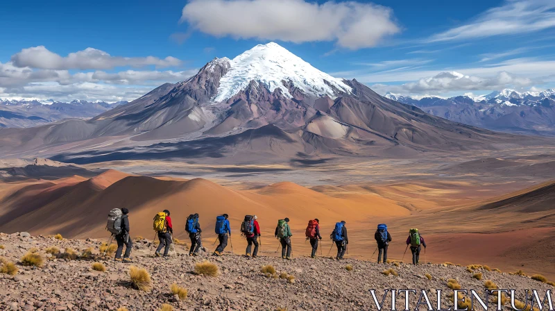 Group Hiking Towards Snow-Capped Mountain Peak AI Image