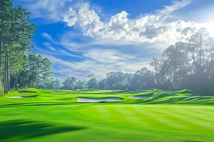 Serene Golf Course with Lush Greens and Blue Sky , AI