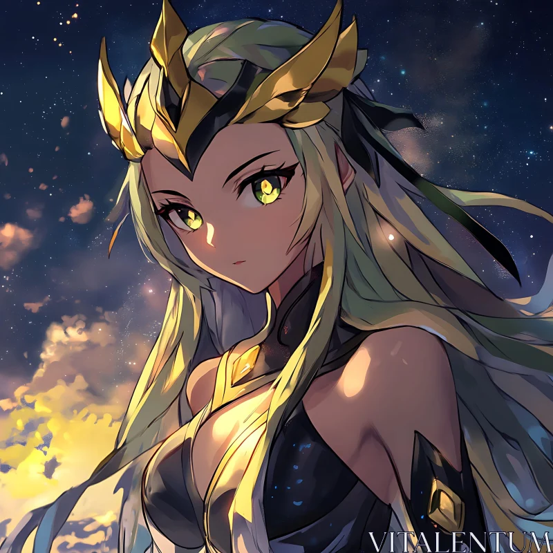 Mystical Anime Girl with Green Eyes at Night AI Image