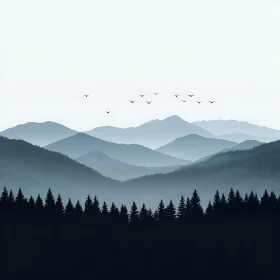 Layered Mountain Range with Flying Birds