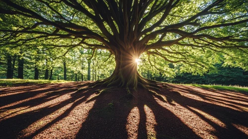 Sunlit Forest with Majestic Tree