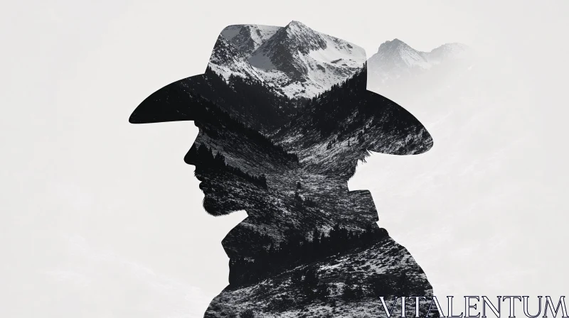 AI ART Cowboy Silhouette and Mountain Scene in Double Exposure Art