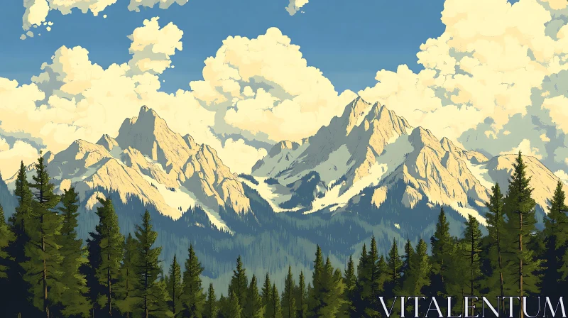 Snowy Peaks and Evergreen Trees Landscape AI Image