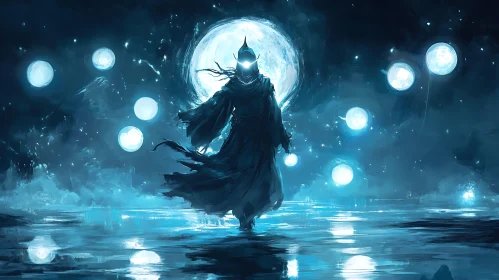 Enigmatic Figure Under Moonlit Waters