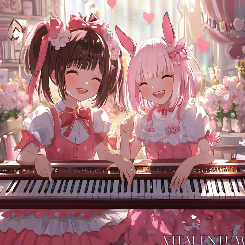 Cute Anime Girls Enjoying Music Together AI Image