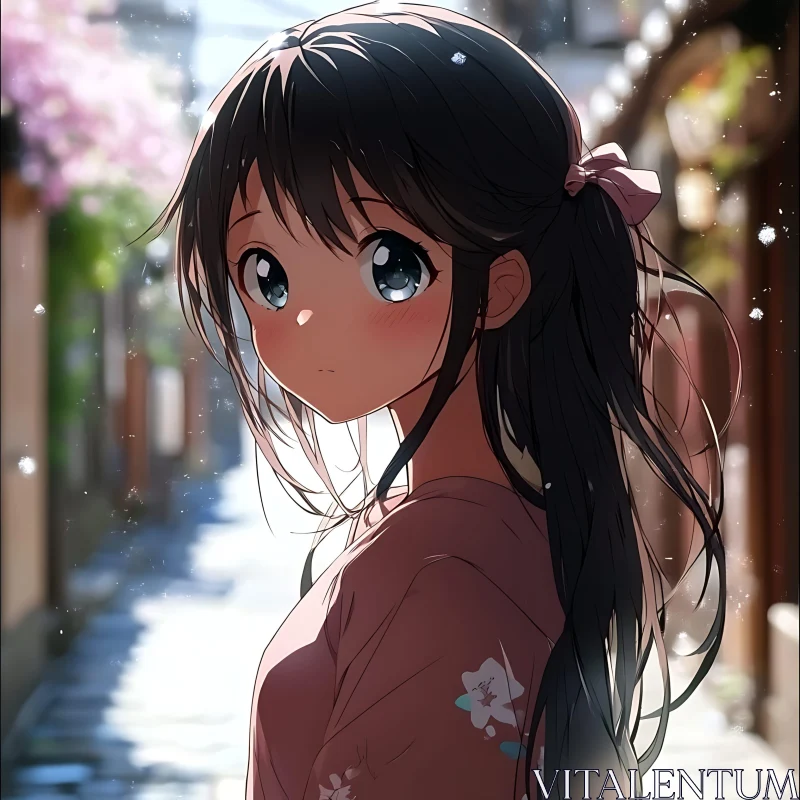 Serene Anime Scene with a Girl in Traditional Attire AI Image