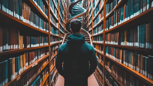 Man in Library Facing Staircase