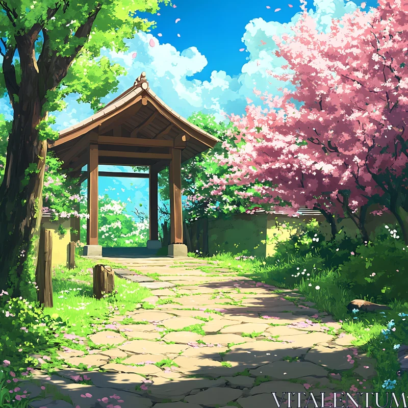 Peaceful Garden with Blossoming Trees and Pavilion AI Image