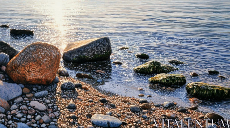 Tranquil Shoreline with Glistening Sunlight AI Image