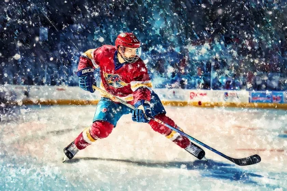 Intense Ice Hockey Action in a Snow-filled Arena