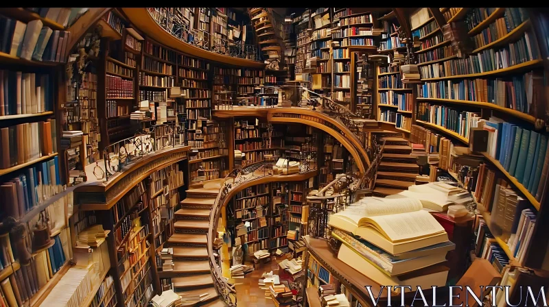 Ornate Library Interior with Bookshelves AI Image