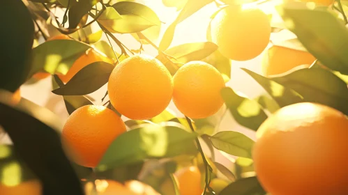 Sunlit Oranges on Green Branches