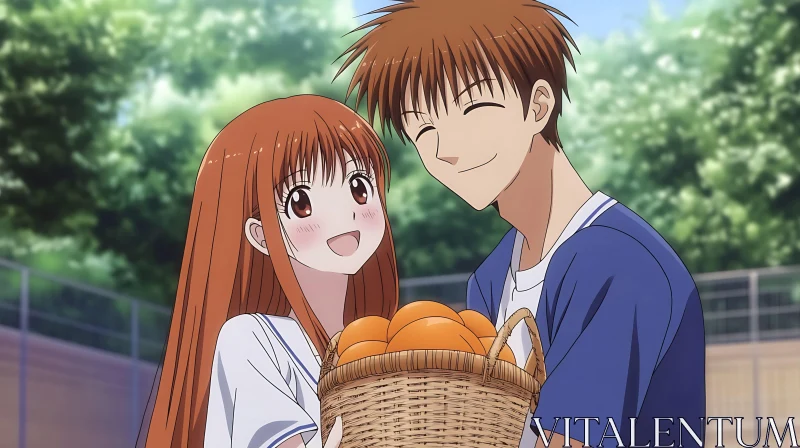 Smiling Anime Couple Outdoors with Oranges AI Image