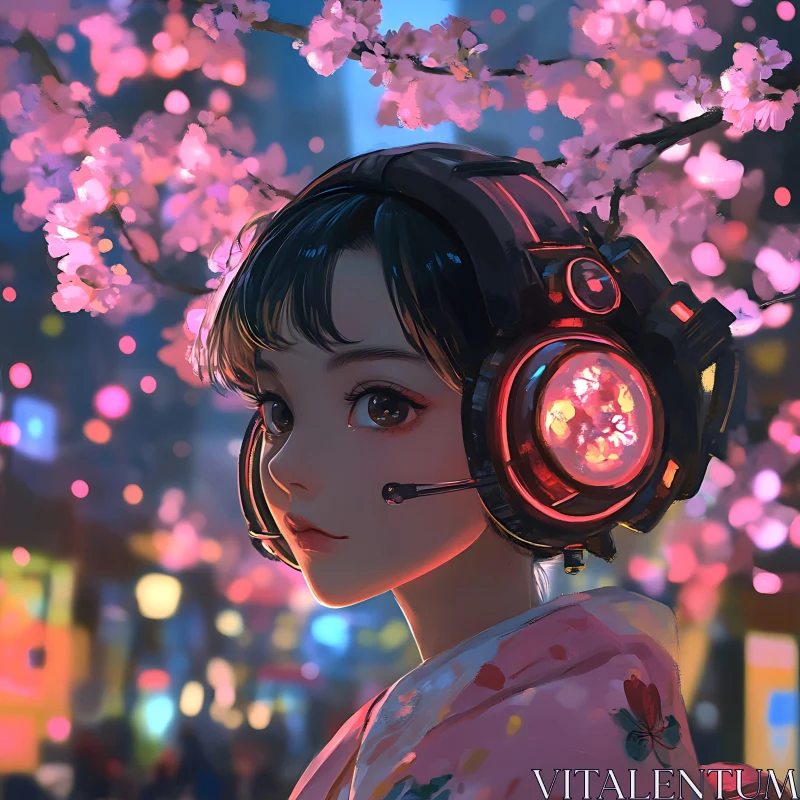 Cyber Anime Girl in Neon-lit Urban Setting AI Image