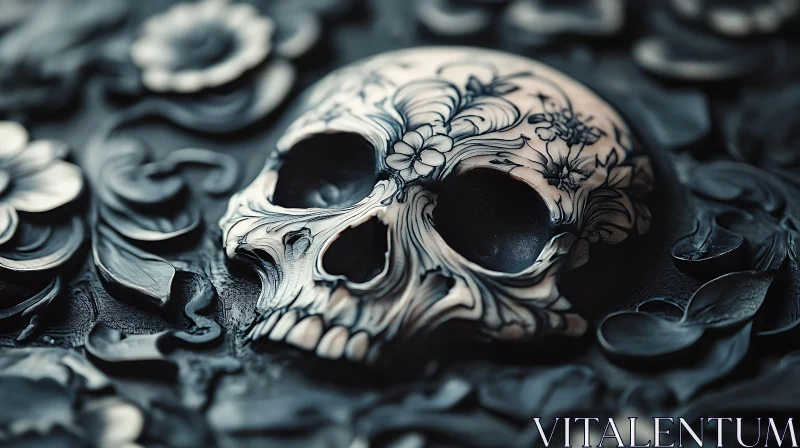 AI ART Ornate Skull with Floral Tattoo