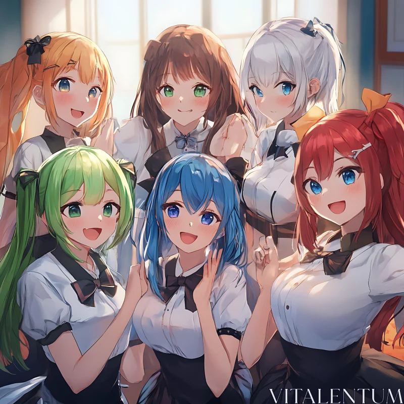 Vibrant Anime Group of School Girls AI Image