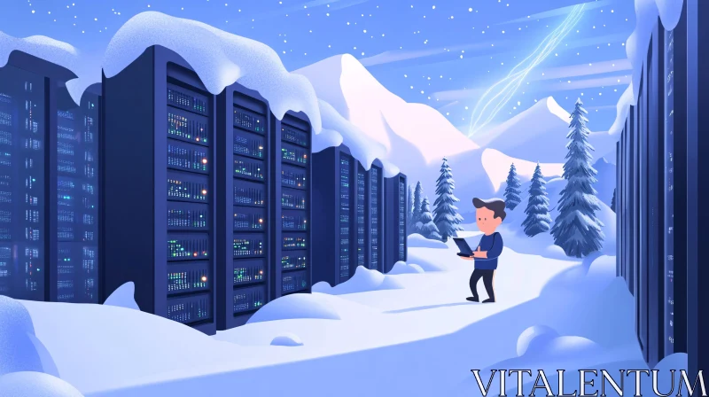 Cartoon Servers in Winter Landscape AI Image