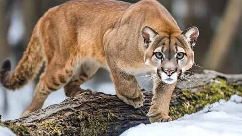 Mountain Lion on Snowy Log