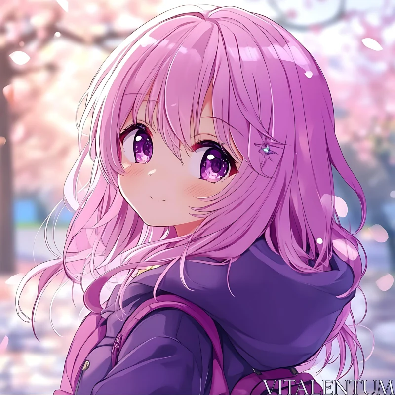 Dreamy Anime Girl with Cherry Blossoms AI Image