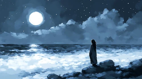 Woman Looking at Moon over the Sea