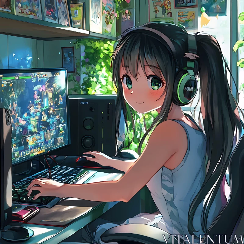 Anime Gamer Girl in Cozy Room AI Image