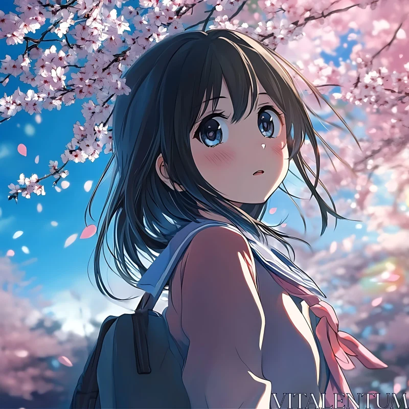 Anime Girl with Blue Eyes in a Cherry Blossom Scene AI Image