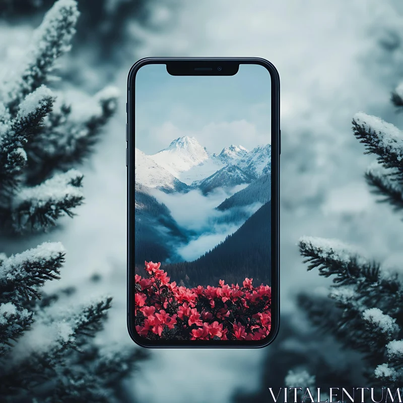 AI ART Phone Displaying Mountain Scene with Flowers