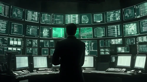 Man Surrounded by Screens: Data Analysis Concept