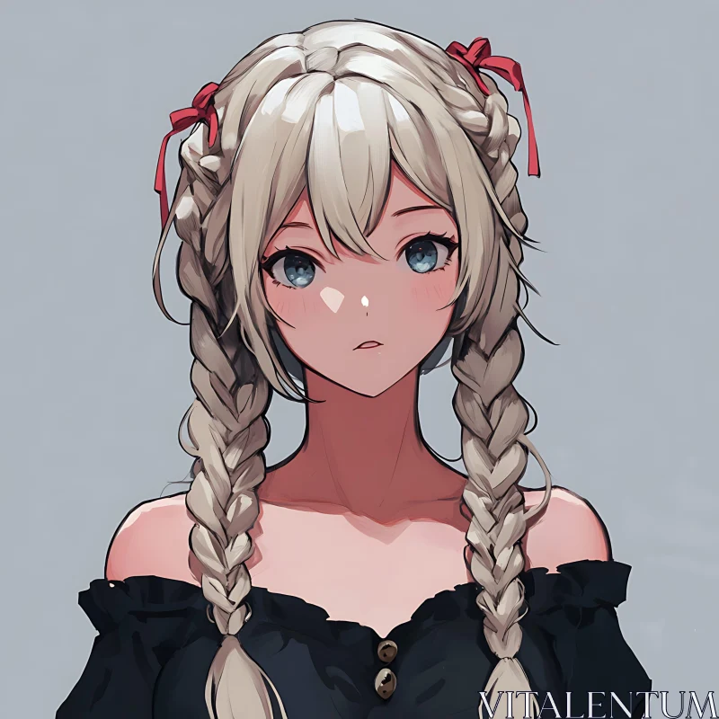 AI ART Anime Portrait of Girl with Braids and Red Ribbons