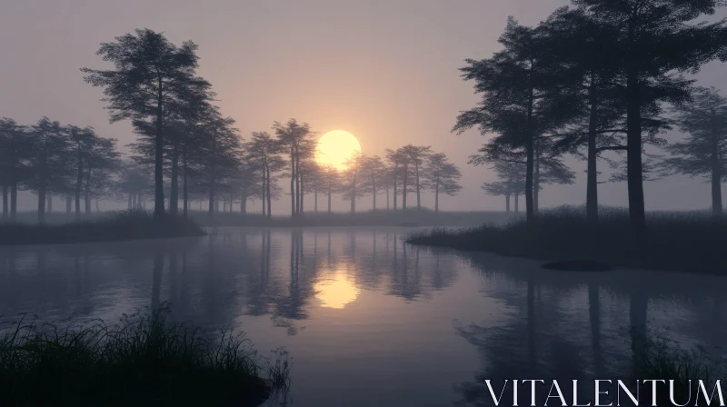 Enchanted Sunset in Misty Lake Forest AI Image