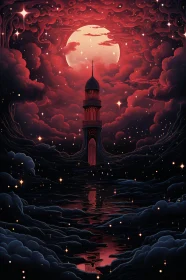 Ethereal Scene of Lighthouse and Moon