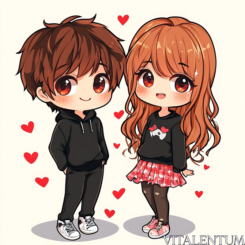 Cute Chibi Couple Surrounded by Hearts AI Image