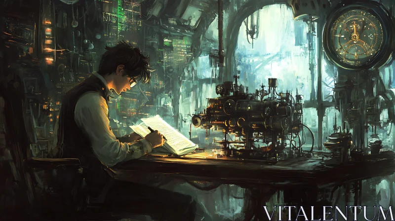 AI ART Man Reading in Steampunk Workshop