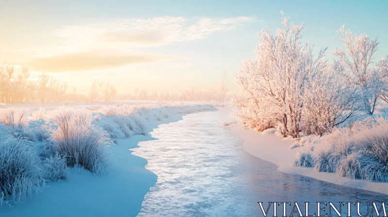 Winter Dawn Over a Frozen River AI Image