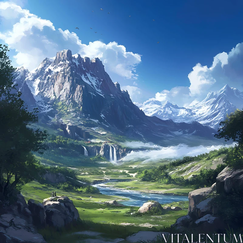 Picturesque Mountain Valley with Cascading Waterfall AI Image