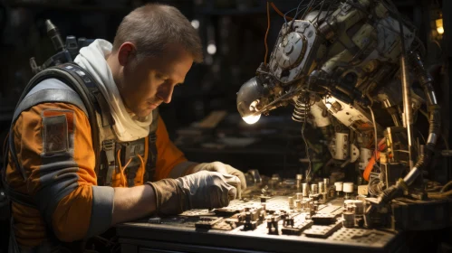 Engineer Assembling a Futuristic Robot in an Industrial Setting