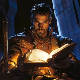 Armored Man Illuminated by Magical Book