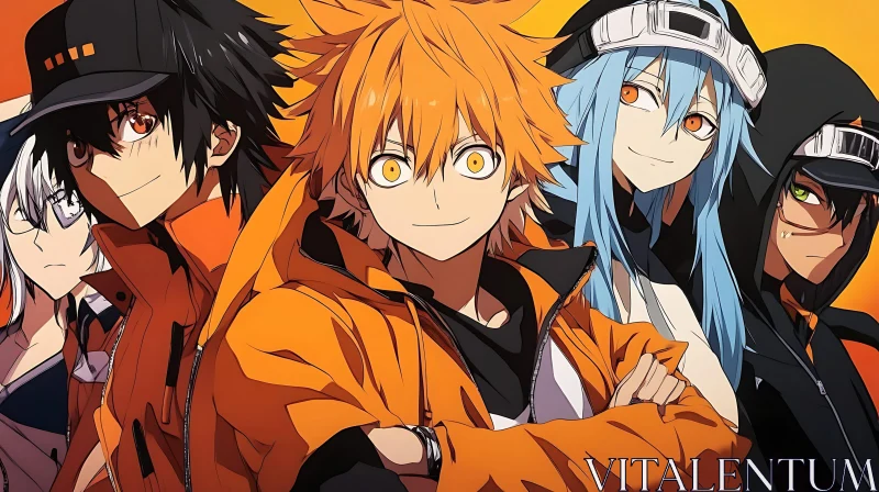 Five Anime Characters in Vibrant Orange Background AI Image