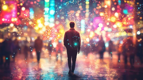 Man Walking in City at Night