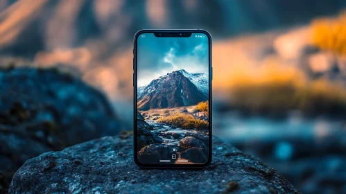 Phone Displaying Mountain Landscape