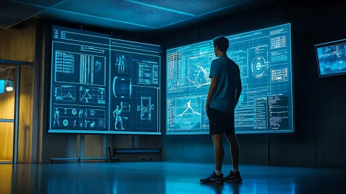 Athlete Analyzing Data on Screens